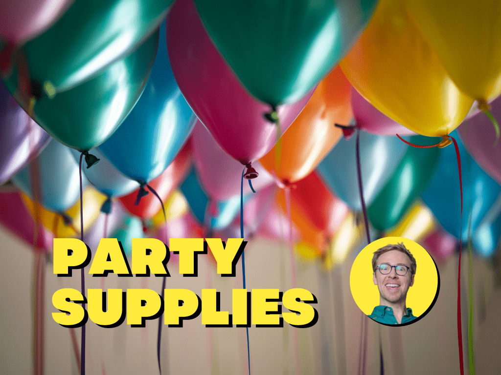 back ground image is Party balloons with different colors with the words party supplies