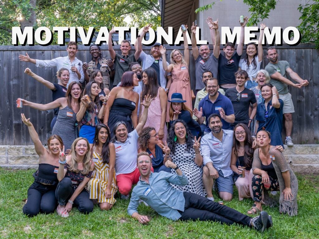 a group of people raising their hands outdoors with a header that says "Motivational Memo"