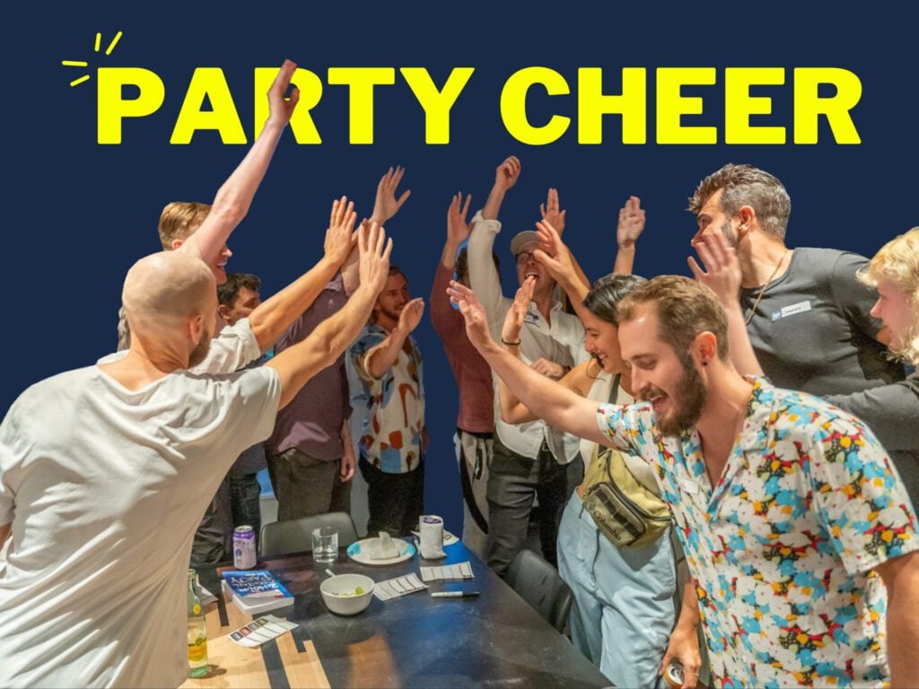 group of people raising their hands on a blue background with a header saying 'Party Cheer'