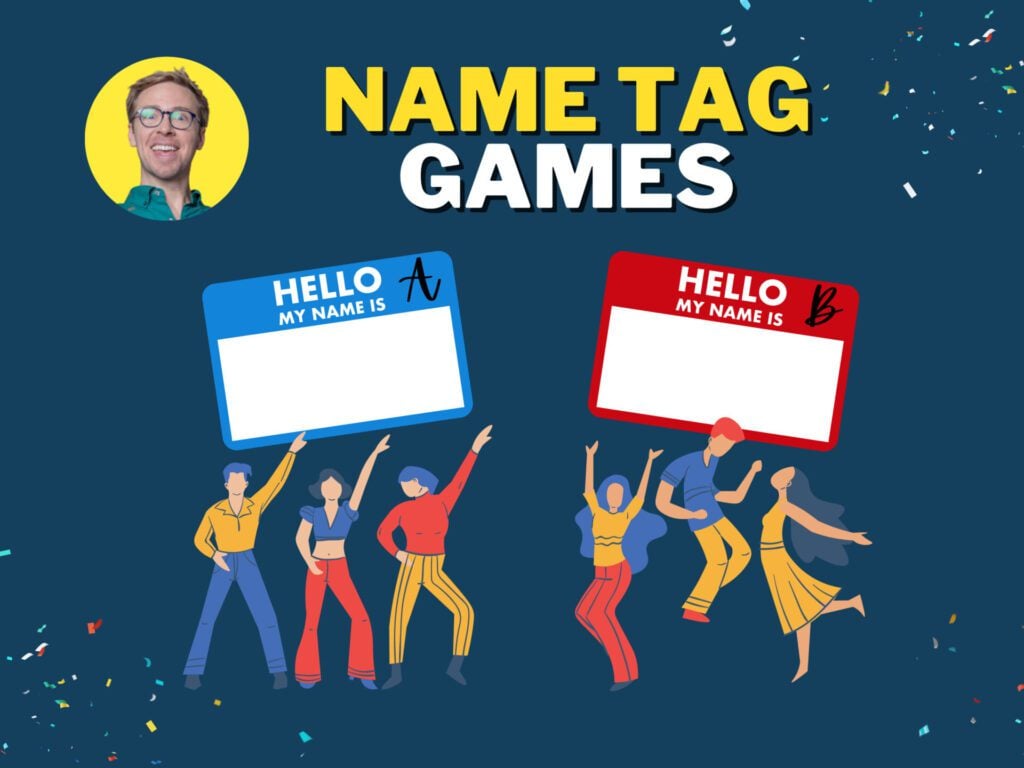 animated people dancing with a red and blue name tag, a header saying 'Name Tag Games' and a headshot of Nick Gray at the top left