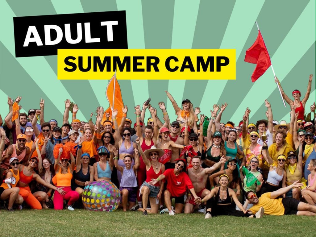 Header text: Adult Summer Camp, a group photo on the bottom