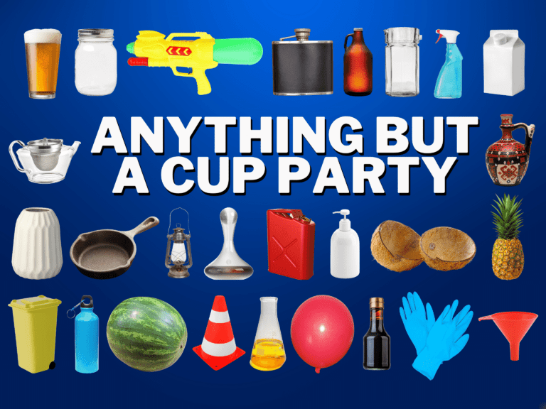 Anything but a cup party theme with guests using creative alternative drinking vessels