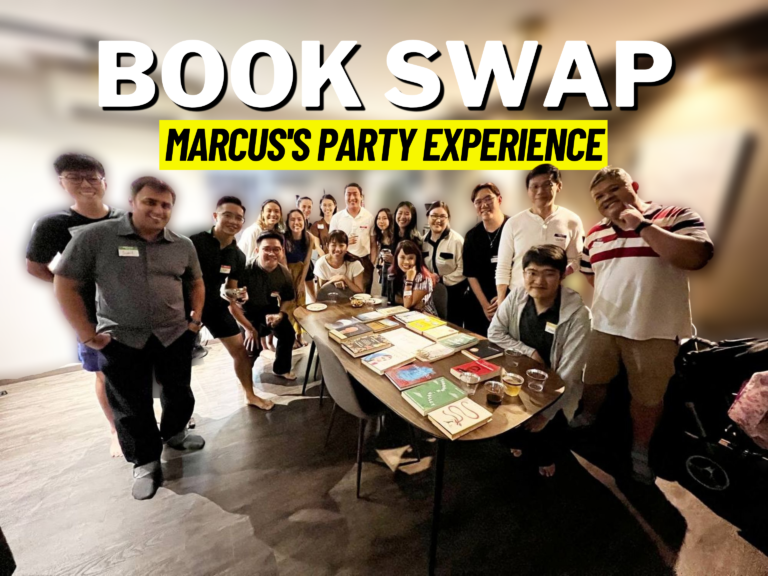 Header text: Book Swap, Marcus's Party Experience, and group photo from Marcus's party as background image