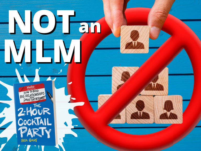 Header image: not an MLM with 2hr cocktail party book on the background and photo of banned multi-level marketing