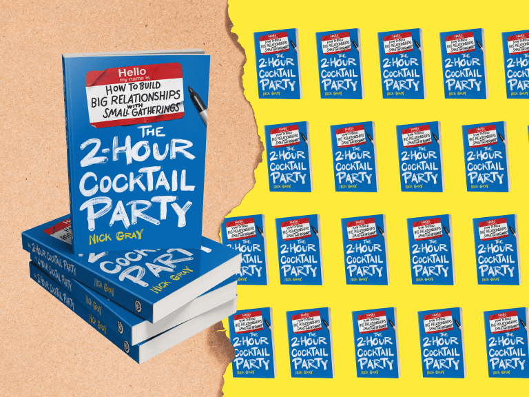 A graphic with lots of book cover and stack of books of The 2-Hour Cocktail Party