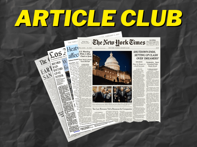 Article Club headline with newspapers front pages stacked